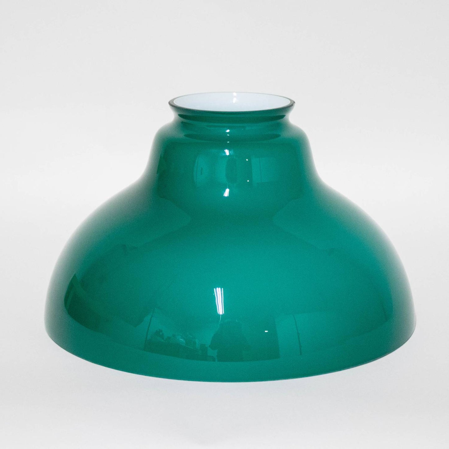 Emerald green glass lamp shade with a smooth, curved design crafted to fit Aladdin hanging lamps, featured in Lamps & Lighting, Lamp Shades, and Parts and Accessories collections.