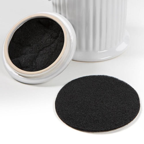 Two round black replacement filters designed to fit ceramic compost pails, helping to control odors for up to six months, featured in Farm, Garden & Tool and Composting collections.