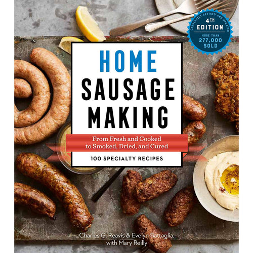 Cover of a handcrafted home sausage making guide featuring assorted grilled and smoked sausages, a lemon wedge, and a dish of mustard, ideal for cookbooks, best sellers, and promo eligible collections.