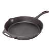 Cast iron skillet with a long handle and helper grip, designed for versatile cooking at home or outdoors, featured in Farm, Garden & Tool, Kitchen & Food, Camping, Cookware, and Best Sellers collections.