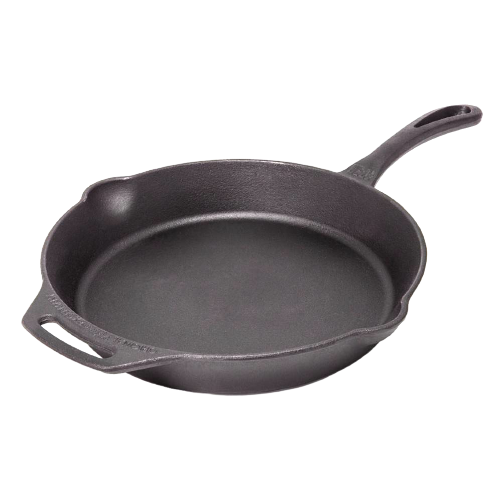 Cast iron skillet with a long handle and helper grip, designed for versatile cooking at home or outdoors, featured in Farm, Garden & Tool, Kitchen & Food, Camping, Cookware, and Best Sellers collections.