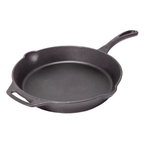 Cast iron skillet with a long handle and helper grip, designed for versatile cooking at home or outdoors, featured in Farm, Garden & Tool, Kitchen & Food, Camping, Cookware, and Best Sellers collections.