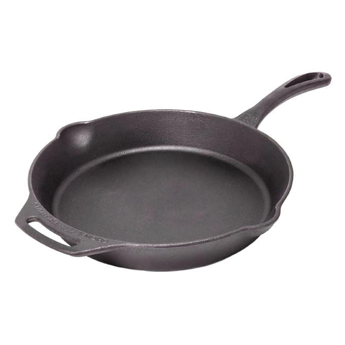 Cast iron skillet with a long handle and helper grip, designed for versatile cooking at home or outdoors, featured in Farm, Garden & Tool, Kitchen & Food, Camping, Cookware, and Best Sellers collections.