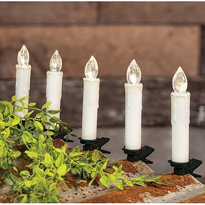 Set of 10 warm white LED taper candle lights with black clip bases, providing safe, cordless illumination for Home & Decor, Holiday Decor, Best Sellers, and Promo Eligible collections.