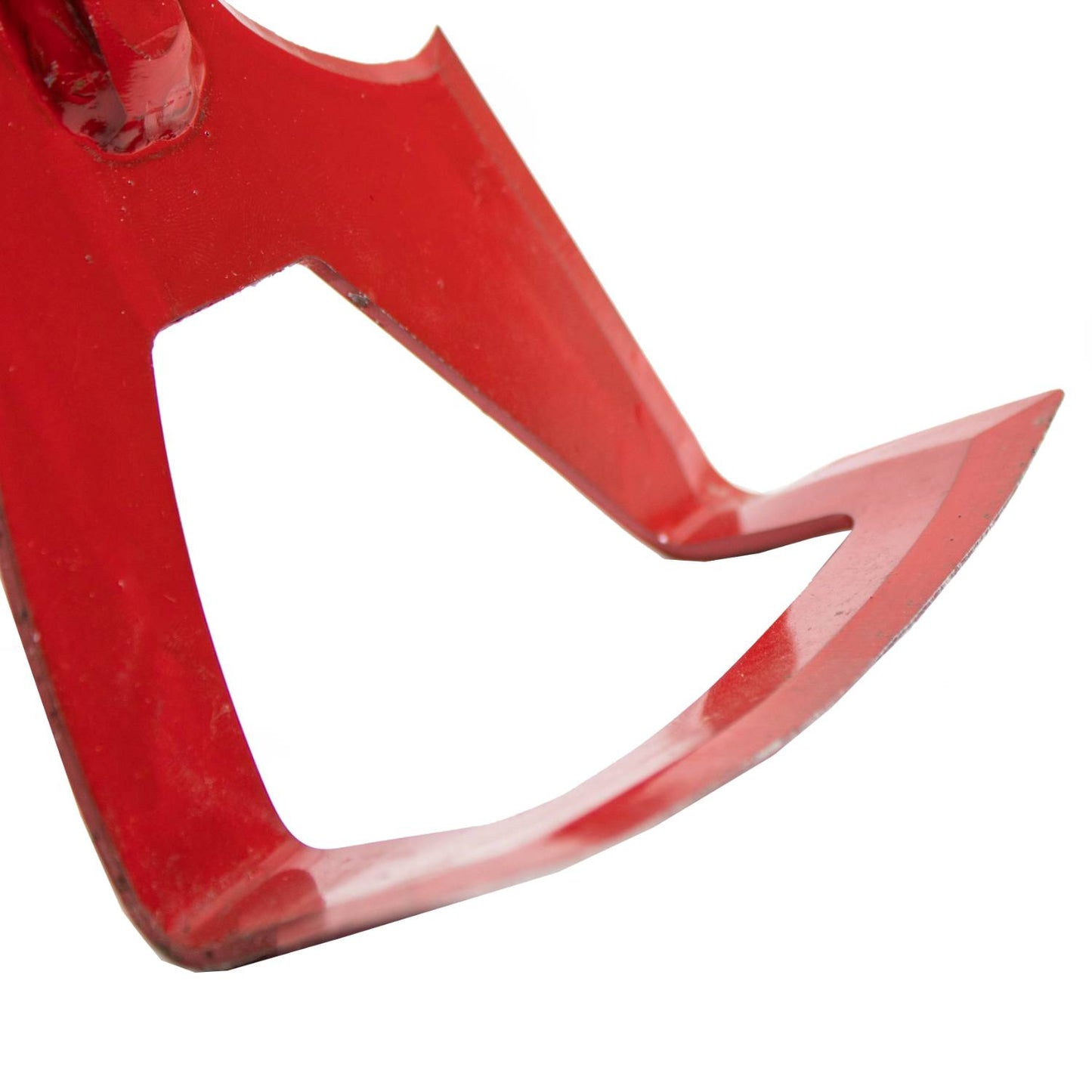 Close-up of a handcrafted Amish made garden hoe blade with a red hardened spring steel head, designed for versatile digging and cultivating in farm and garden tasks, USA made.