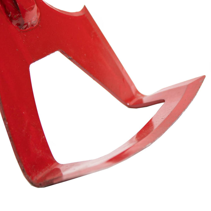 Close-up of a handcrafted Amish made garden hoe blade with a red hardened spring steel head, designed for versatile digging and cultivating in farm and garden tasks, USA made.