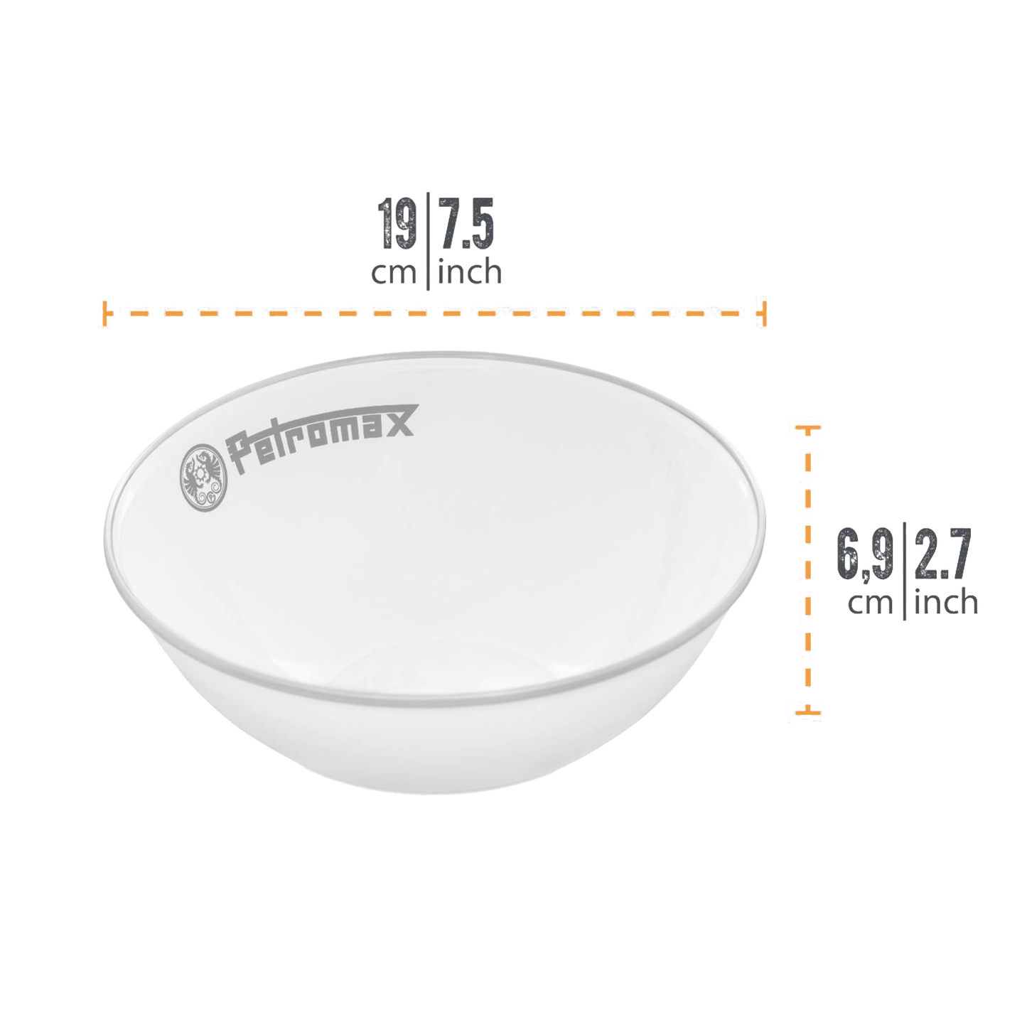 White enamel bowl featuring a subtle black rim and logo, designed for heat and scratch resistance, ideal for camping, kitchen, and outdoor use, part of Farm, Garden & Tool, Camping, Dinnerware, Best Sellers, and Promo Eligible collections.