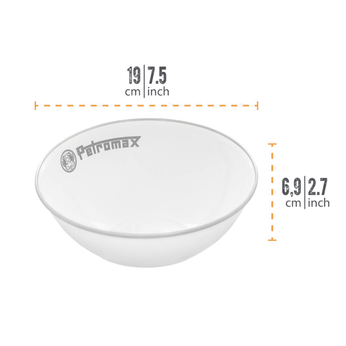 White enamel bowl featuring a subtle black rim and logo, designed for heat and scratch resistance, ideal for camping, kitchen, and outdoor use, part of Farm, Garden & Tool, Camping, Dinnerware, Best Sellers, and Promo Eligible collections.