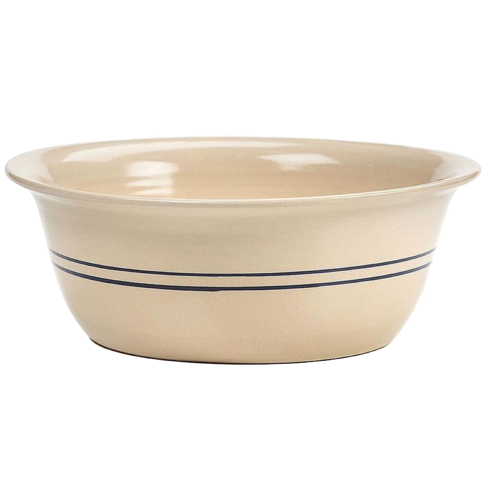 Handcrafted stoneware wash basin in cream with two blue stripes, made in USA, ideal for Home & Decor and Household Helpers collections.