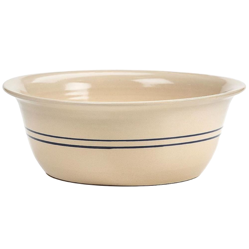 Handcrafted stoneware wash basin in cream with two blue stripes, made in USA, ideal for Home & Decor and Household Helpers collections.