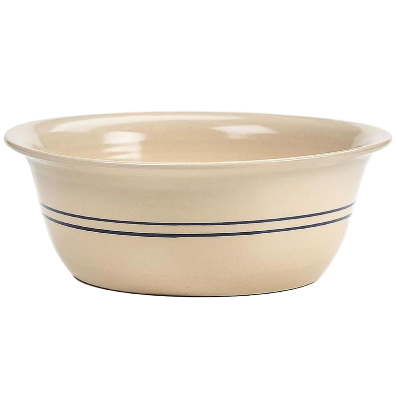 Handcrafted stoneware wash basin in cream with two blue stripes, made in USA, ideal for Home & Decor and Household Helpers collections.