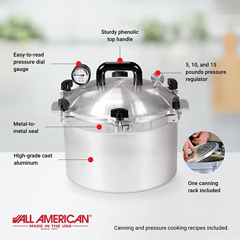 Heavy-duty aluminum pressure canner with metal-to-metal seal, sturdy phenolic top handle, easy-to-read pressure dial, and adjustable pressure regulator, including one canning rack for safe food preservation in Farm, Garden & Tool and Kitchen & Food collections.
