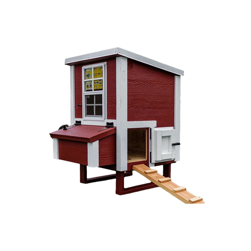 Handcrafted heavy-duty chicken coop with red wooden walls, white trim, built-in nesting box, window, and ramp, Amish made and USA built for farm, garden, and chicken accessories collections.