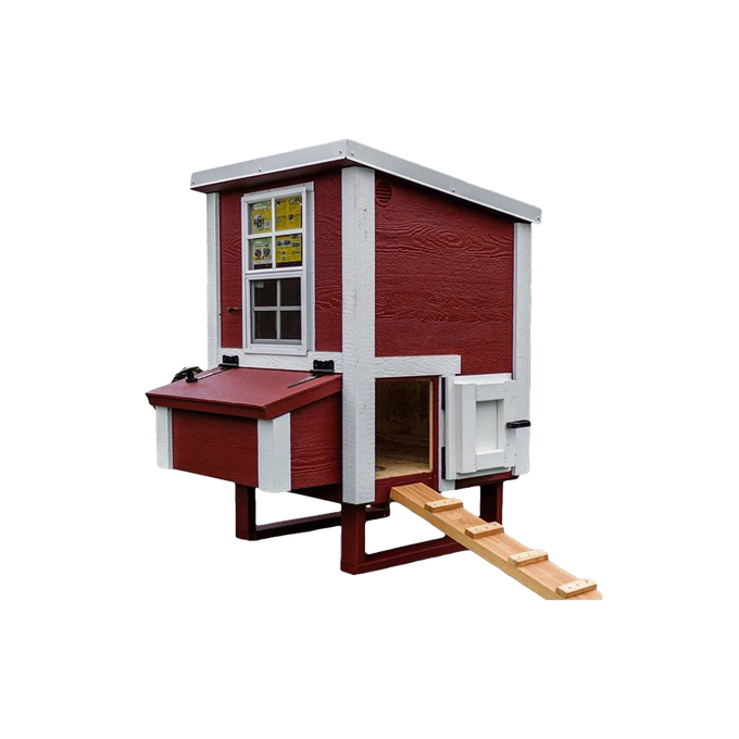 Handcrafted heavy-duty chicken coop with red wooden walls, white trim, built-in nesting box, window, and ramp, Amish made and USA built for farm, garden, and chicken accessories collections.