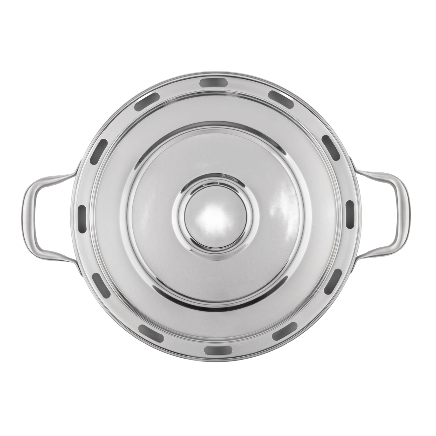 Round stainless steel pizza baking tray with handles, designed for use in camping ovens to achieve crispy baked dishes, suitable for Farm, Garden & Tool and Camping collections.