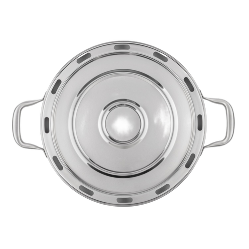 Round stainless steel pizza baking tray with handles, designed for use in camping ovens to achieve crispy baked dishes, suitable for Farm, Garden & Tool and Camping collections.