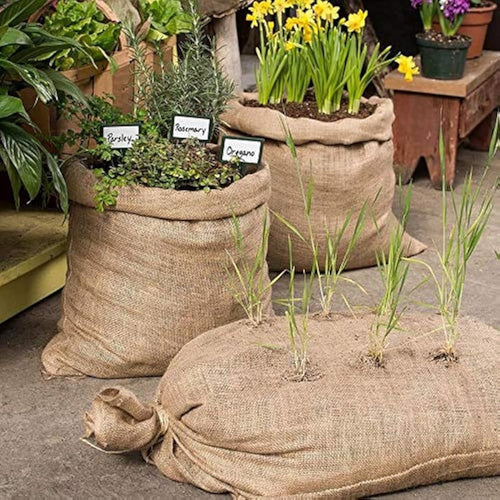 Set of three handcrafted burlap bags made from natural fibers, used as durable plant containers and garden accessories, featured in Farm, Garden & Tool and Best Sellers collections.