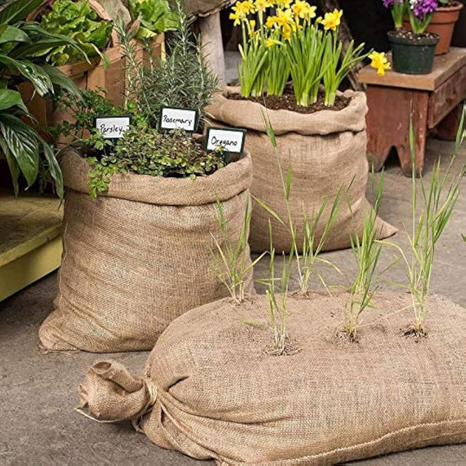 Set of three handcrafted burlap bags made from natural fibers, used as durable plant containers and garden accessories, featured in Farm, Garden & Tool and Best Sellers collections.