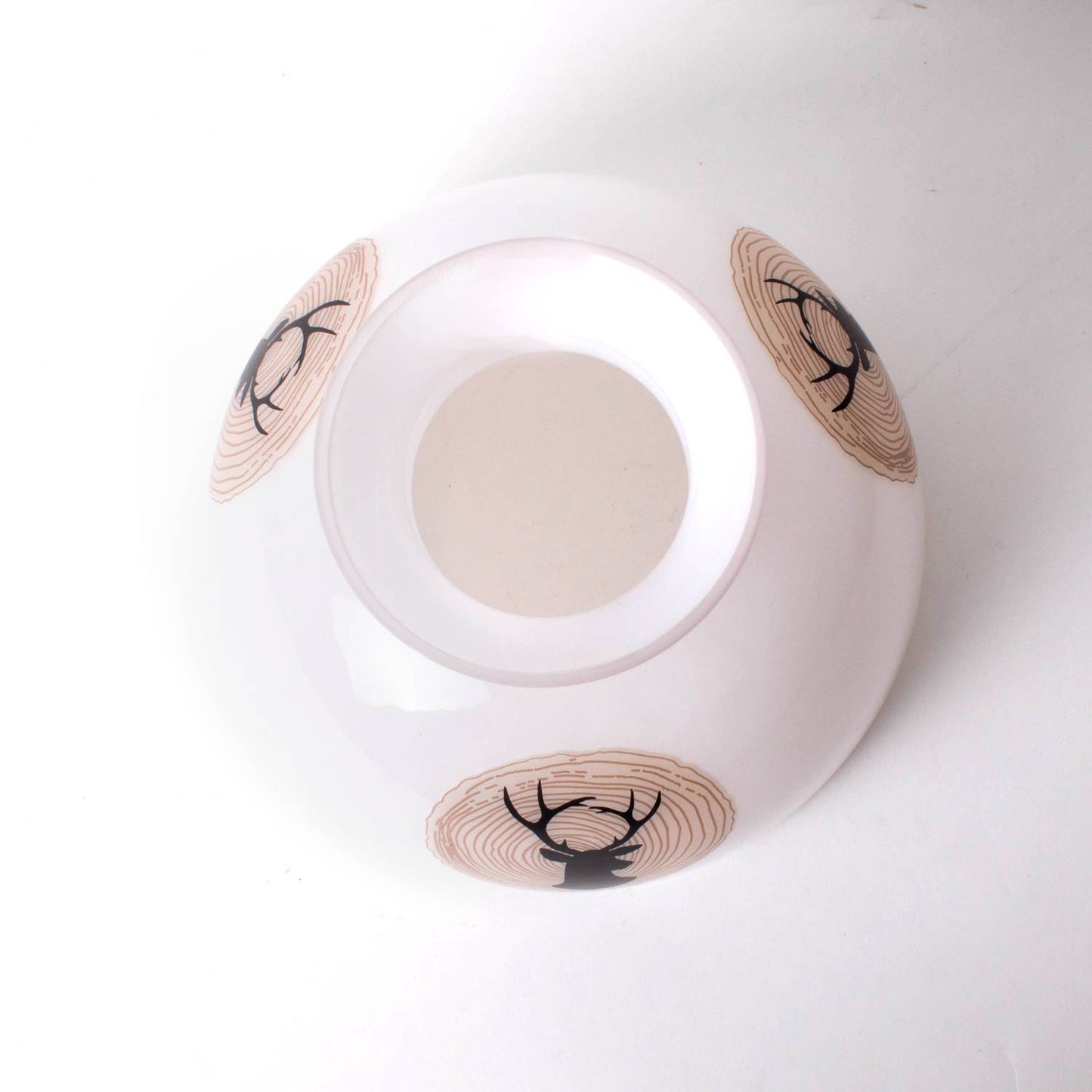 Unique handcrafted 10-inch glass lamp shade featuring silhouette deer heads inside rustic wood grain circles, softening light for oil lamps, part of Lamps & Lighting and Lamp Shades collections.