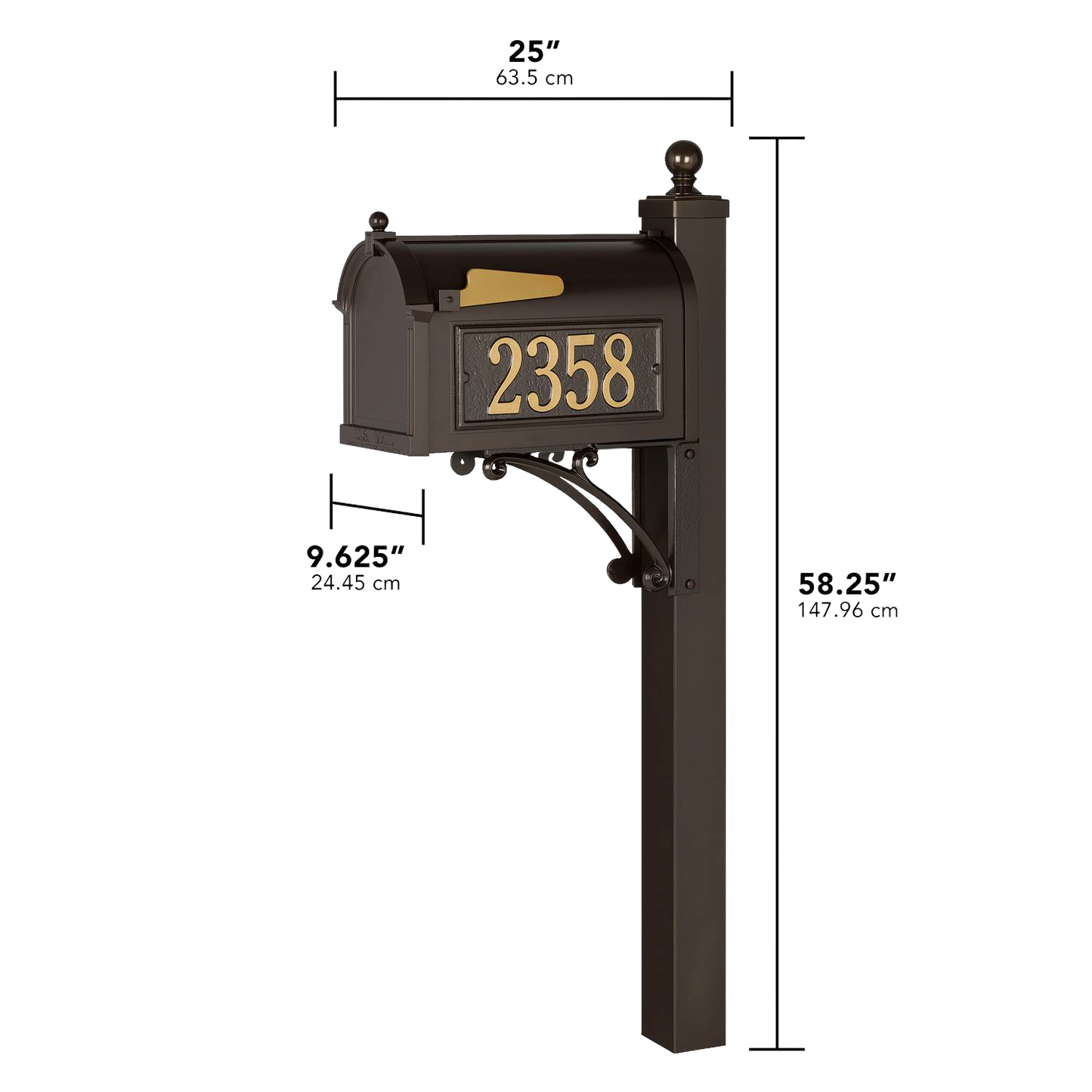 Handcrafted bronze and gold mailbox with personalized address numbers mounted on decorative post, designed to enhance curb appeal in Home & Decor, Mailboxes and Address Signs, and USA Made collections.