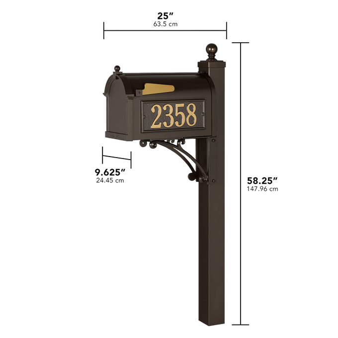Handcrafted bronze and gold mailbox with personalized address numbers mounted on decorative post, designed to enhance curb appeal in Home & Decor, Mailboxes and Address Signs, and USA Made collections.