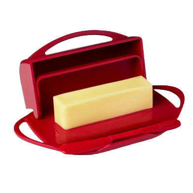 Red flip-top butter dish with integrated handle, holding a rectangular stick of butter and a matching spreader resting in a front cradle, designed for neat, mess-free use in Kitchen & Food and Kitchen Gadgets collections.