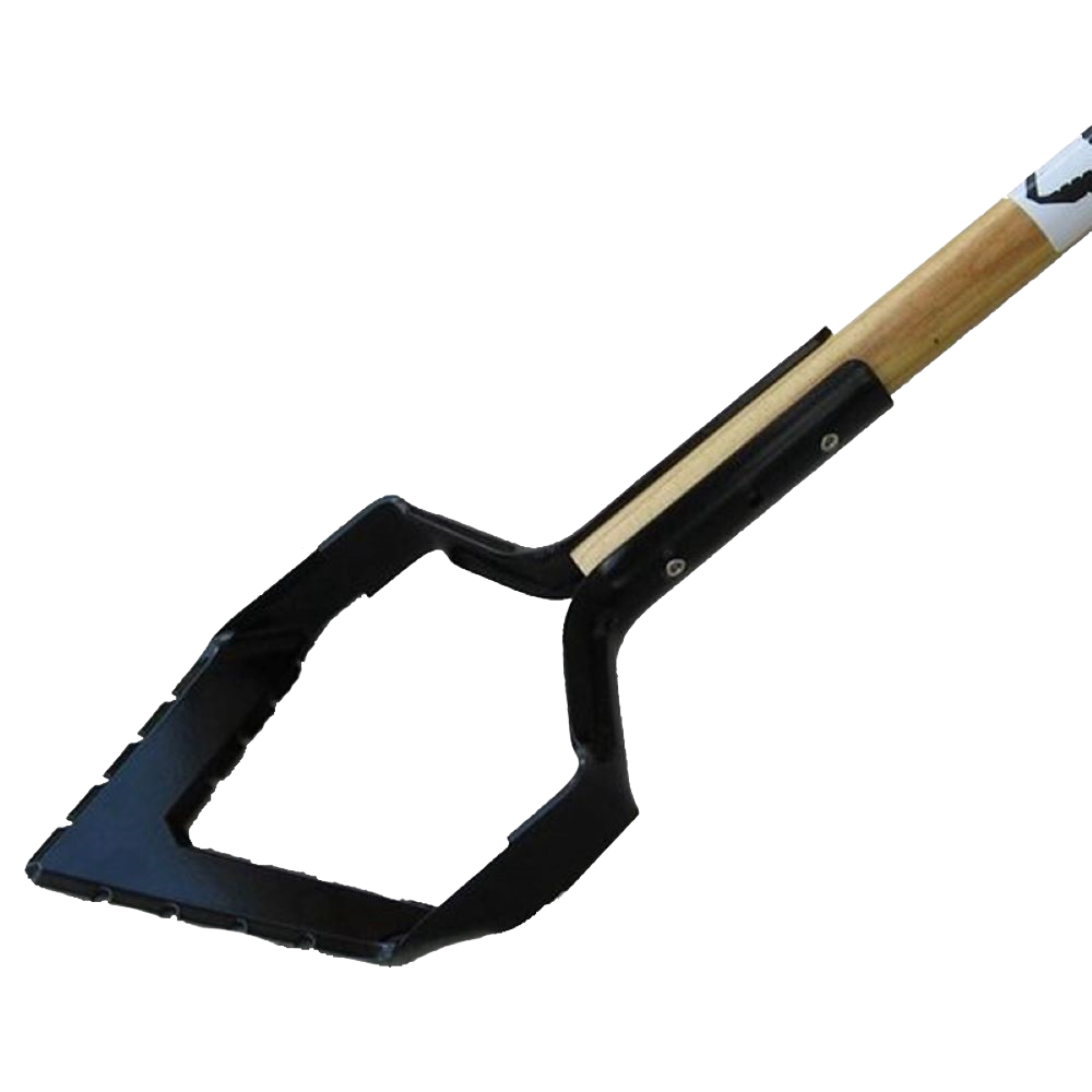 Push-pull garden hoe with a sharp serrated steel blade and long ash wood handle, handcrafted in the USA, ideal for farm, garden, and lawncare tasks.
