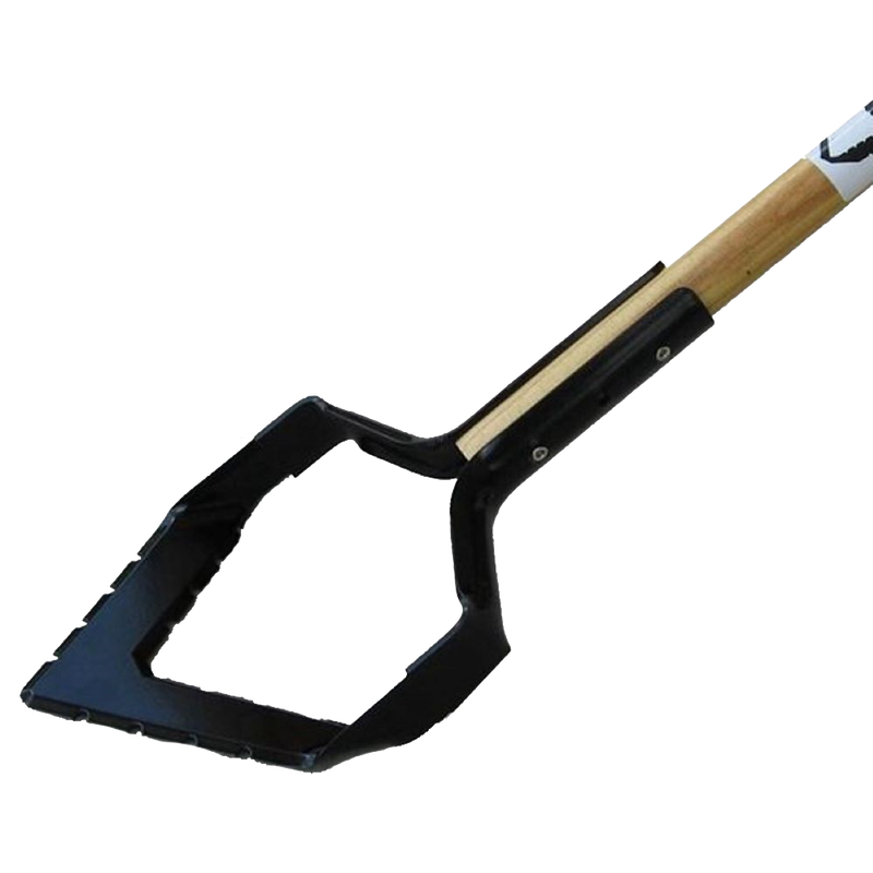 Push-pull garden hoe with a sharp serrated steel blade and long ash wood handle, handcrafted in the USA, ideal for farm, garden, and lawncare tasks.