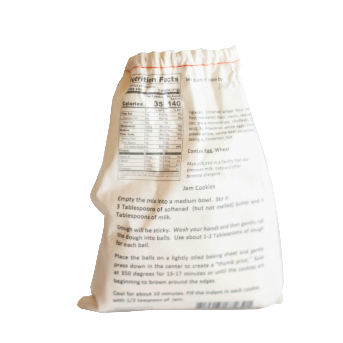Cotton bag containing handcrafted cookie mix with printed nutritional facts and baking instructions, ideal for Kitchen & Food, Pantry, Dry Goods and Mixes, Best Sellers, and Promo Eligible collections.