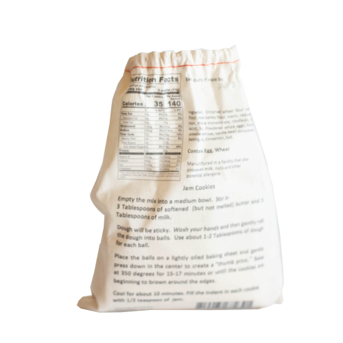 Cotton bag containing handcrafted cookie mix with printed nutritional facts and baking instructions, ideal for Kitchen & Food, Pantry, Dry Goods and Mixes, Best Sellers, and Promo Eligible collections.