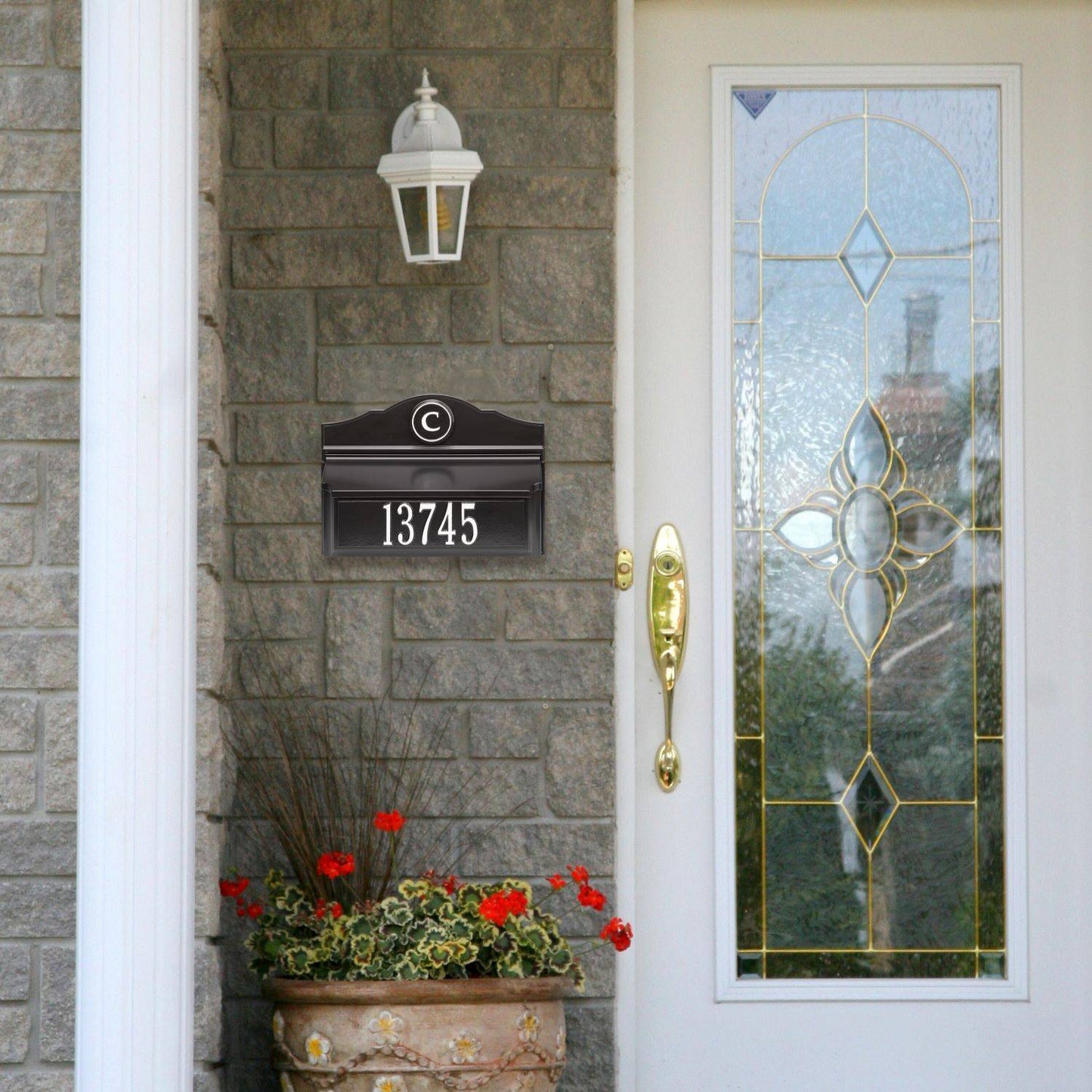 Elegant handcrafted black and white personalized wall mount mailbox with raised monogram and house number, designed to elevate curb appeal in Home & Decor, USA Made, and Mailboxes collections.
