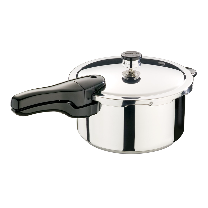 Polished stainless steel pressure cooker with a sturdy black handle and secure lid, featuring a tri-clad base for efficient cooking, perfect for Kitchen & Food, Cookware, Pots and Pans, Best Sellers, and Promo Eligible collections.