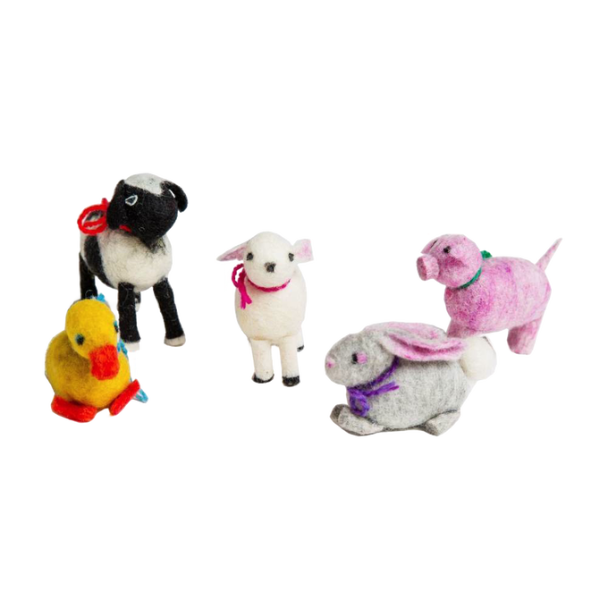 Set of five handcrafted felted farm animals including a pig, rabbit, sheep, duck, and dog made from pure wool fleece with colorful yarn accents from USA Made children's crafts.