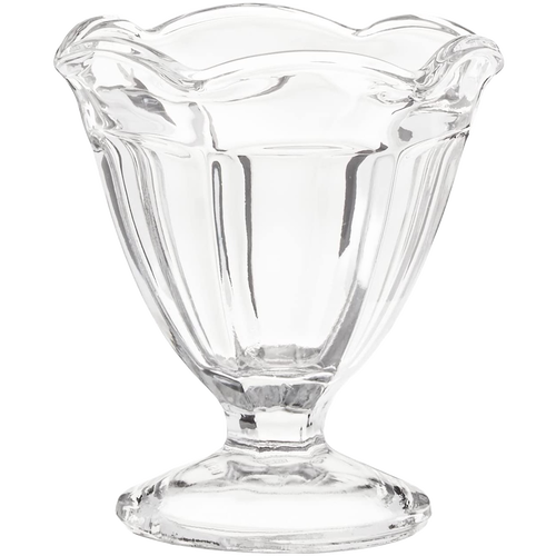 Handcrafted clear glass footed sherbet bowl made in USA with a vintage scalloped rim, perfect for serving ice cream, yogurt, or fresh fruit, featured in Kitchen & Food and Dinnerware collections.