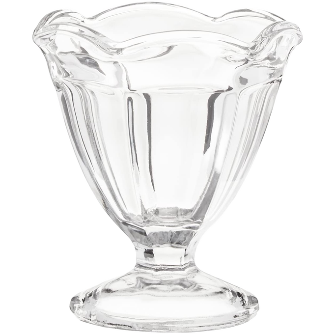 Handcrafted clear glass footed sherbet bowl made in USA with a vintage scalloped rim, perfect for serving ice cream, yogurt, or fresh fruit, featured in Kitchen & Food and Dinnerware collections.