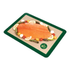 Half-size non-stick green-bordered silicone baking mat with woven glass fibers, featuring a salmon fillet surrounded by vegetables, suited for Kitchen & Food and Baking Supplies collections.