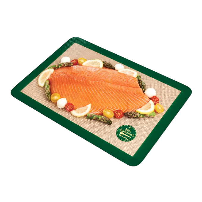 Half-size non-stick green-bordered silicone baking mat with woven glass fibers, featuring a salmon fillet surrounded by vegetables, suited for Kitchen & Food and Baking Supplies collections.