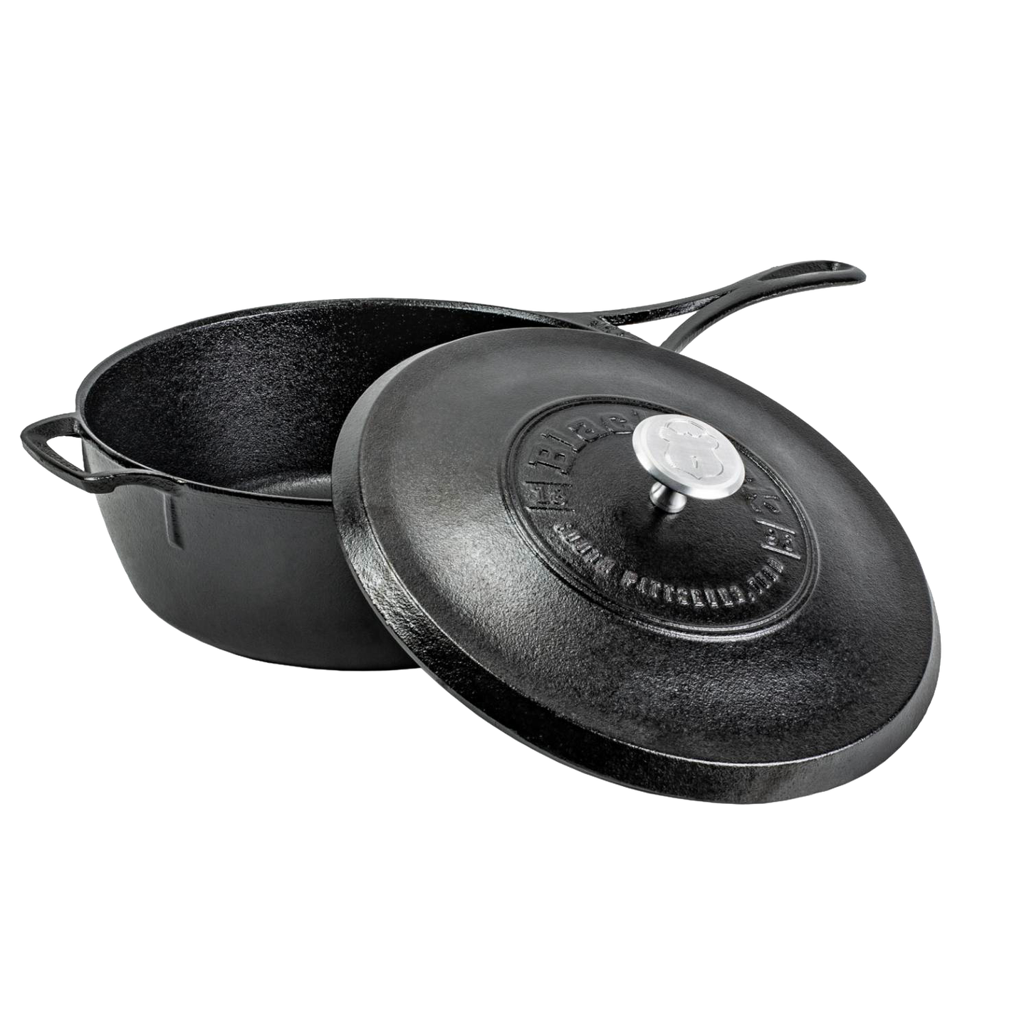 Heavy-duty cast iron cookware with a seasoned lid featuring a metal knob, designed for versatile cooking in Kitchen & Food, Cookware, Cast Iron, USA Made, and Best Sellers collections.