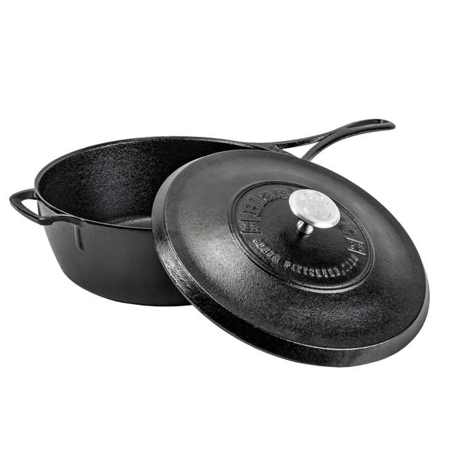 Heavy-duty cast iron cookware with a seasoned lid featuring a metal knob, designed for versatile cooking in Kitchen & Food, Cookware, Cast Iron, USA Made, and Best Sellers collections.