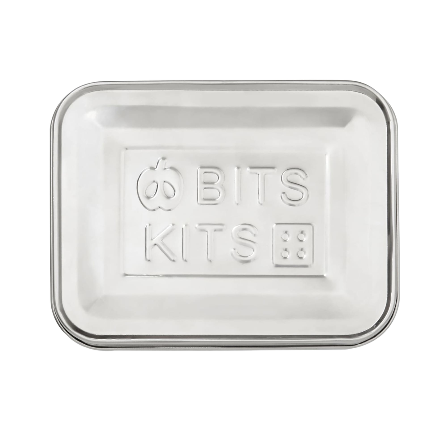Rectangular stainless steel container lid embossed with "BITS KITS" text and icons, designed for durable use in Kitchen & Food, Storage and Serving, Best Sellers, and Promo Eligible collections.