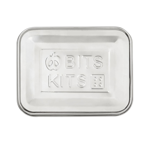 Rectangular stainless steel container lid embossed with "BITS KITS" text and icons, designed for durable use in Kitchen & Food, Storage and Serving, Best Sellers, and Promo Eligible collections.