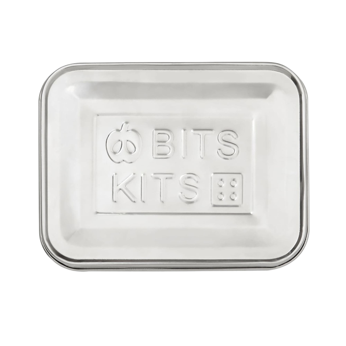 Rectangular stainless steel container lid embossed with "BITS KITS" text and icons, designed for durable use in Kitchen & Food, Storage and Serving, Best Sellers, and Promo Eligible collections.