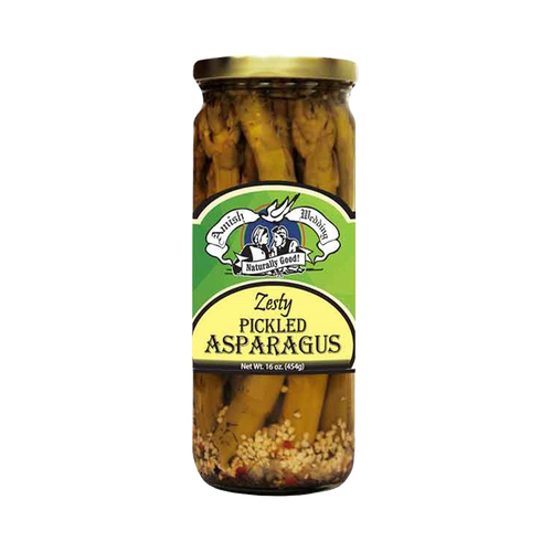 Glass jar of handcrafted pickled asparagus spears with zesty seasoning, made in USA, perfect for Kitchen & Food, Pantry, USA Made, and Best Sellers collections.