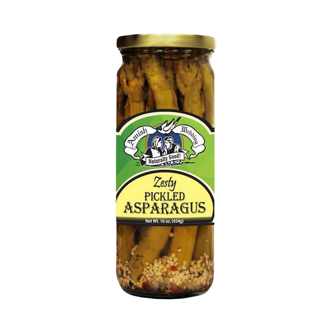 Glass jar of handcrafted pickled asparagus spears with zesty seasoning, made in USA, perfect for Kitchen & Food, Pantry, USA Made, and Best Sellers collections.