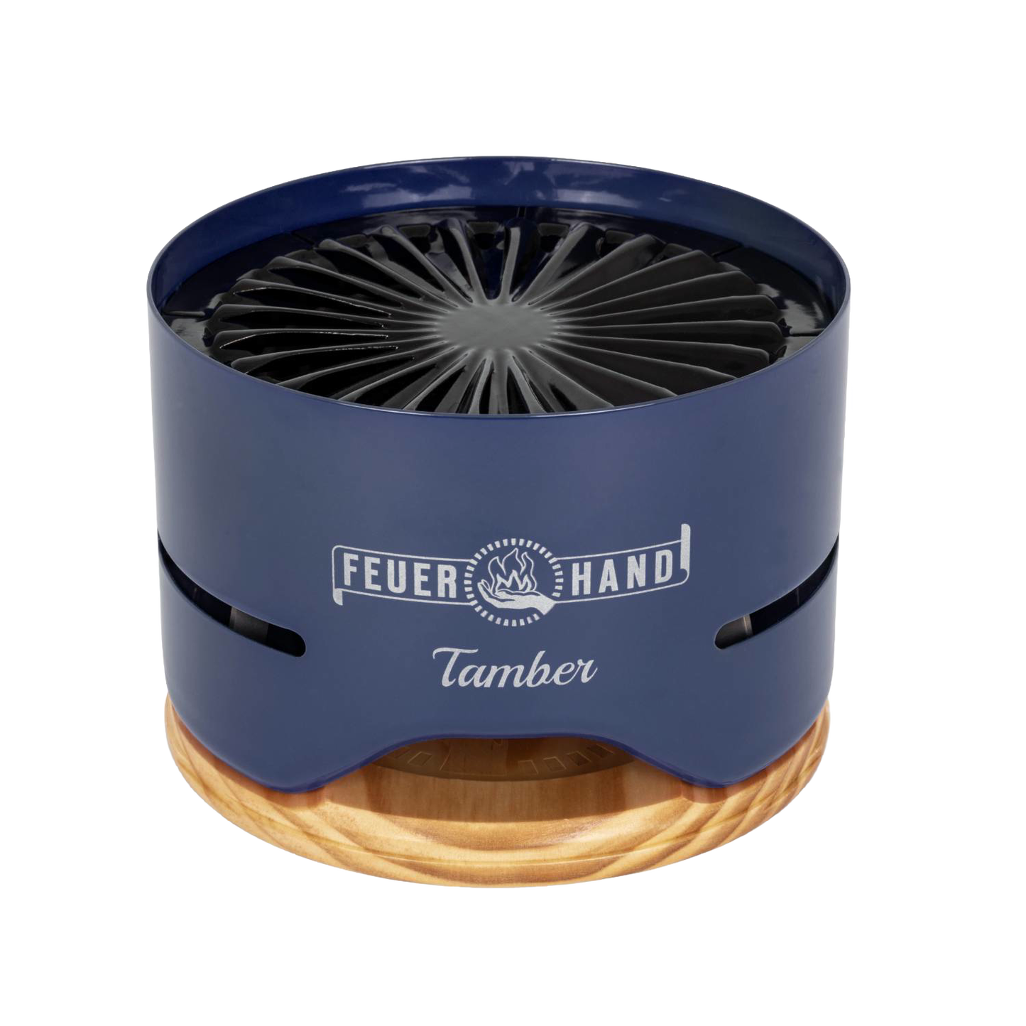 Compact tabletop charcoal grill with a sleek blue metal body and handcrafted wooden base, designed for small gatherings, featured in Farm, Garden & Tool, Camping, and Grilling collections.