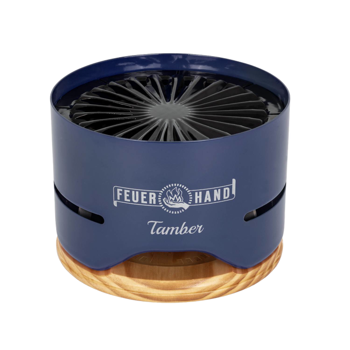 Compact tabletop charcoal grill with a sleek blue metal body and handcrafted wooden base, designed for small gatherings, featured in Farm, Garden & Tool, Camping, and Grilling collections.
