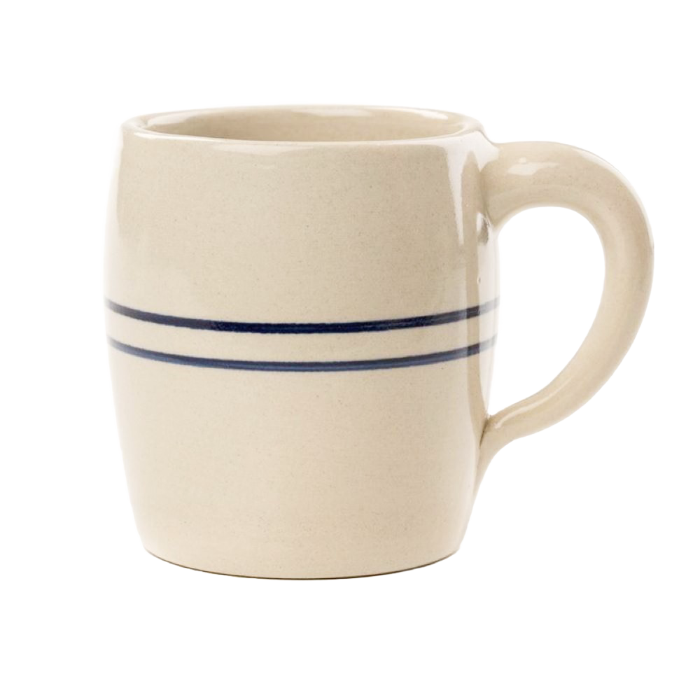 Handcrafted stoneware mug with a large barrel shape and simple blue stripes, made in the USA, perfect for brewing coffee or tea, featured in Kitchen & Food and Dinnerware collections.