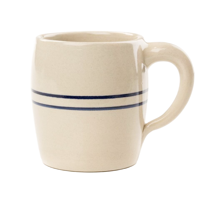 Handcrafted stoneware mug with a large barrel shape and simple blue stripes, made in the USA, perfect for brewing coffee or tea, featured in Kitchen & Food and Dinnerware collections.