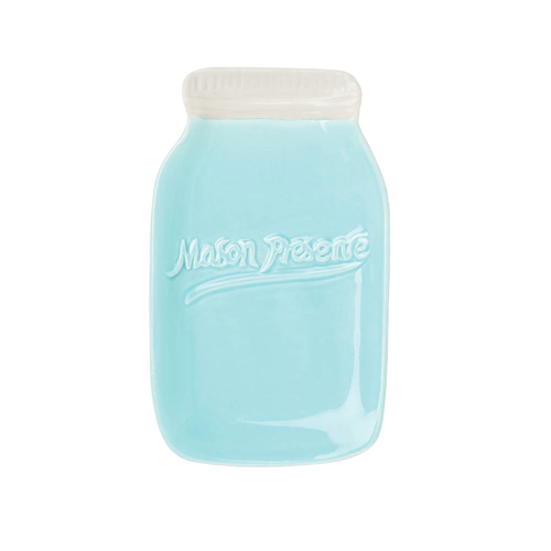 Light blue ceramic spoon rest shaped like a mason jar with raised lettering and a white lid, designed to keep countertops clean in Kitchen & Food and Kitchen Accessories collections.