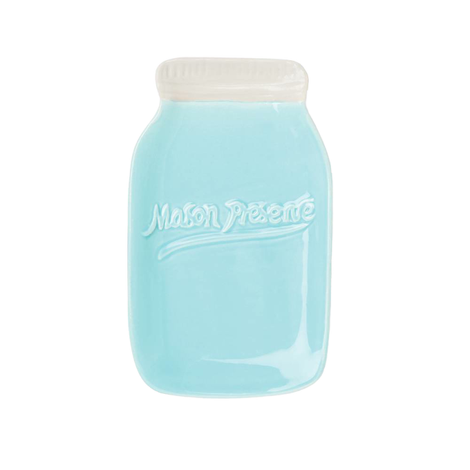 Light blue ceramic spoon rest shaped like a mason jar with raised lettering and a white lid, designed to keep countertops clean in Kitchen & Food and Kitchen Accessories collections.